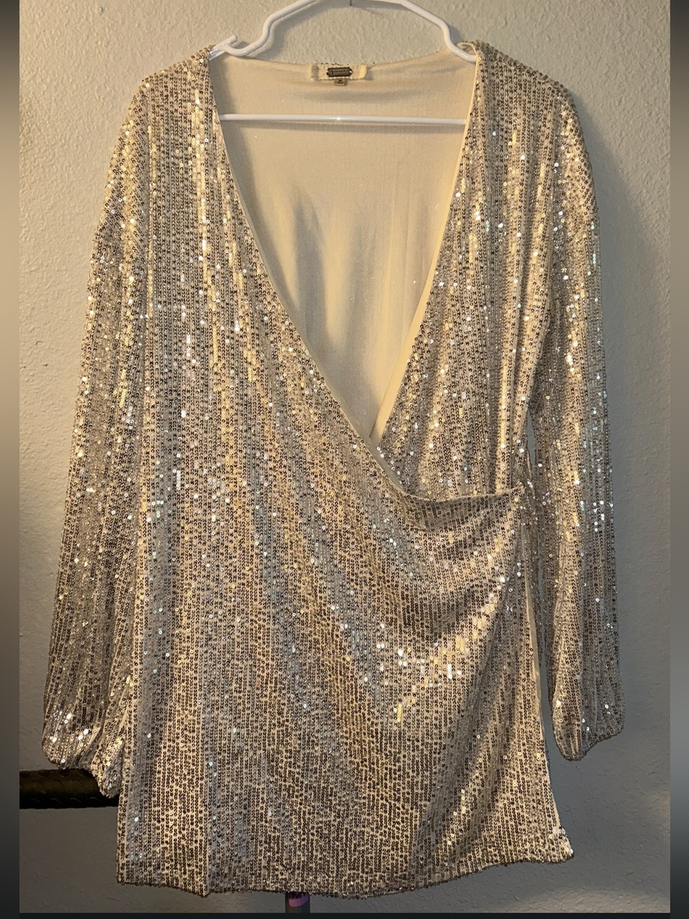 Champagne Sequin Long Sleeve Wrap Dress